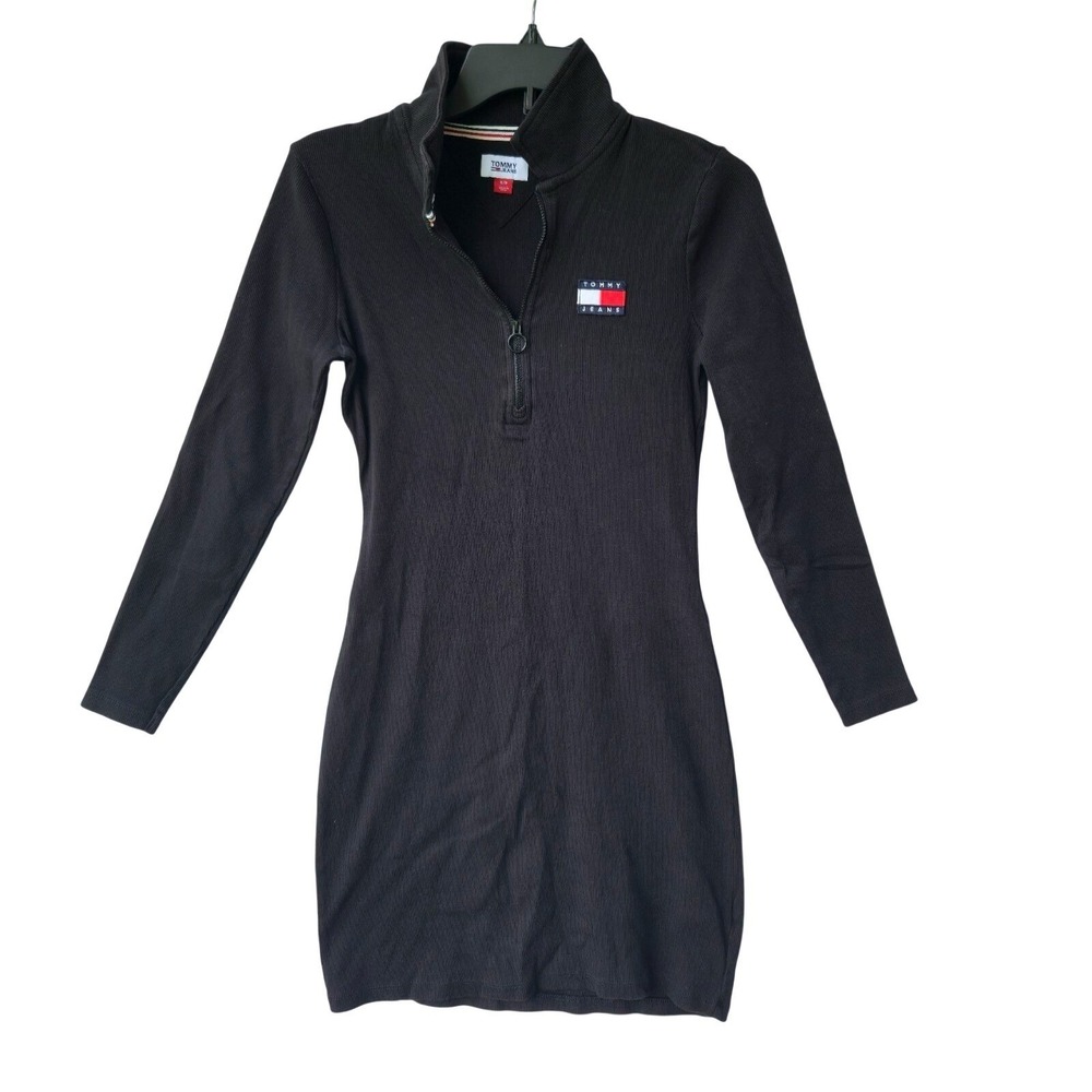 Tommy Jeans Women's Black Ribbed 1/4 Zip Mini Bodycon Jumper Sweater Dress Sz S